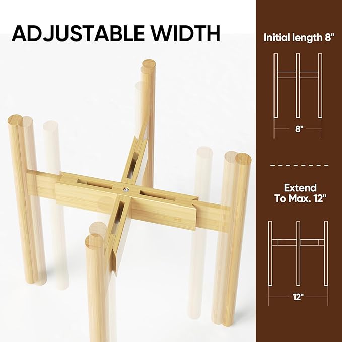 MUDEELA Plant Stand for Indoor Plants: Adjustable Width Fits 8-12 Inch Pots - Mid Century Modern Bamboo Plant Stand - 14.5 Inch Single Tier Small Floor Plant Holder, Natural, 1 Pack (Without Pot)