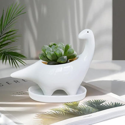 GeLive White Dinosaur Ceramic Succulent Planter Flower Plant Pot Window Box with Saucer Cartoon Animal Decor, 5 Inch, Indoor Outdoor