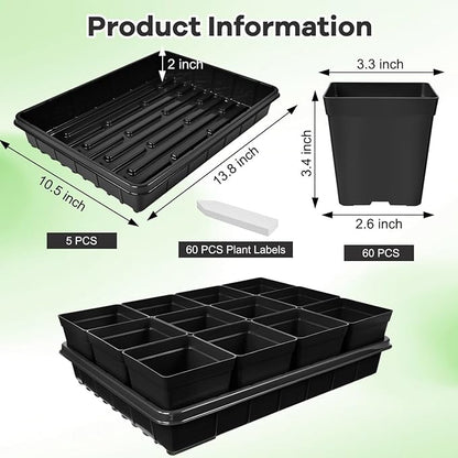 June Fox 60 Pcs Square Nursery Pots for Plants, 5 Pcs Seed Starter Tray Kit, 3.3 Inch Small Seedling Pots with Drain Holes, 60 Plant Labels (Black)