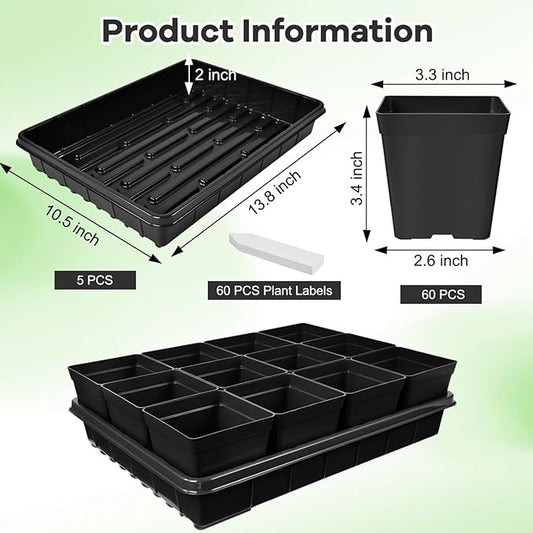 June Fox 60 Pcs Square Nursery Pots for Plants, 5 Pcs Seed Starter Tray Kit, 3.3 Inch Small Seedling Pots with Drain Holes, 60 Plant Labels (Black)