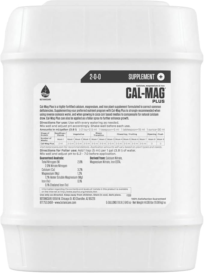 Botanicare Cal-Mag Plus, A Calcium, Magnesium, And Iron Plant Supplement, Corrects Common Plant Deficiencies, Add To Water Or Use As A Spray, 2-0-0 NPK, 5 Gallon