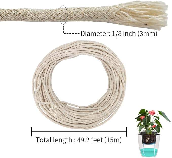 49.2 feet 1/8 Inch Natural White Self Watering Wick Cord Automatic Watering Cotton Rope System Hydroponic Wicking for Vacation Plant Care Capillary Wicks for Self Watering Planters and Pot