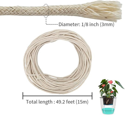 49.2 feet 1/8 Inch Natural White Self Watering Wick Cord Automatic Watering Cotton Rope System Hydroponic Wicking for Vacation Plant Care Capillary Wicks for Self Watering Planters and Pot