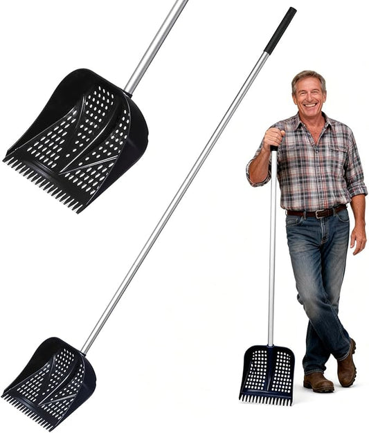 11.8inch Heavy Large 2-in-1 Chicken Poop Scooper & Rake,Adjustable Aluminum Handle（20–61"） Chicken Coop Scoop– Litter Scoop Sand & Sifting Shovel for Chicken Coops Shoveling Snow(Black)