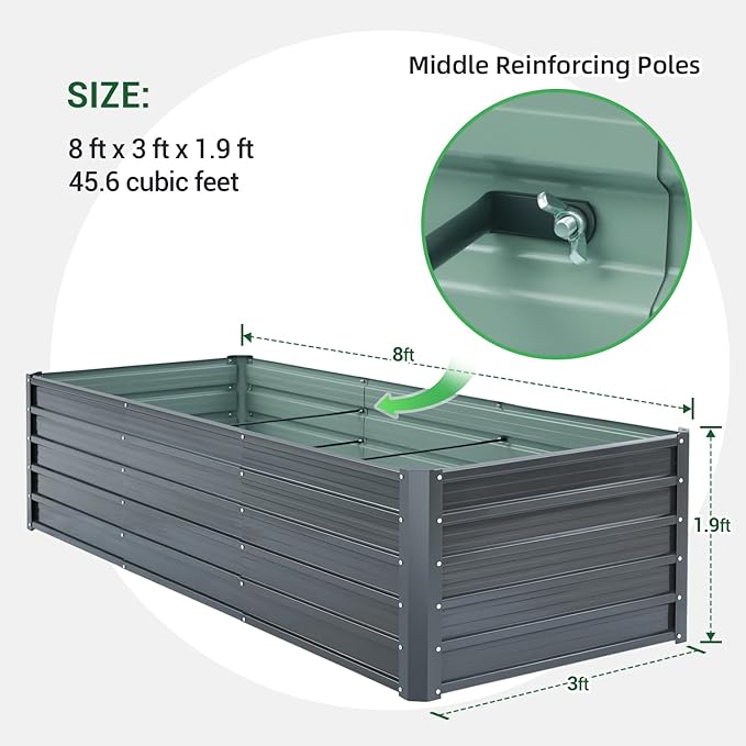 Ohuhu 8x3x1.9FT Metal Raised Garden Bed Outdoor, Reinforced Galvanized Steel Rustproof Planter Box, 100% Non-Toxic, 341 Gal Large Capacity Heavy Duty Raised Beds for Growing Vegetables Flowers Herbs