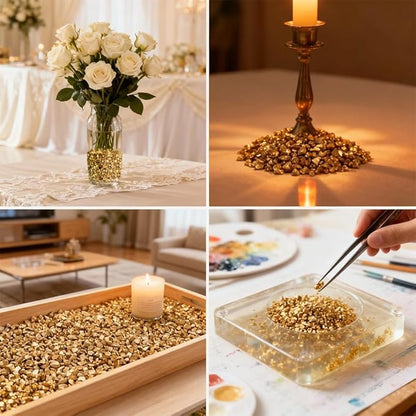 HappyFiller Gold Nuggets Crushed Glass Gravels Rocks Sand Stones 1.2 LB for Crafts,Resin Arts,Vase Fillers,Wedding Centerpieces,Home Accents,Candle Holders Decor