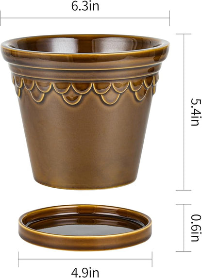 6.3 Inch Ceramic Planter, Plant Pot with Drainage Hole and Saucer, Decorative Glaze Flower Pot for Indoor Plants (Caramel)