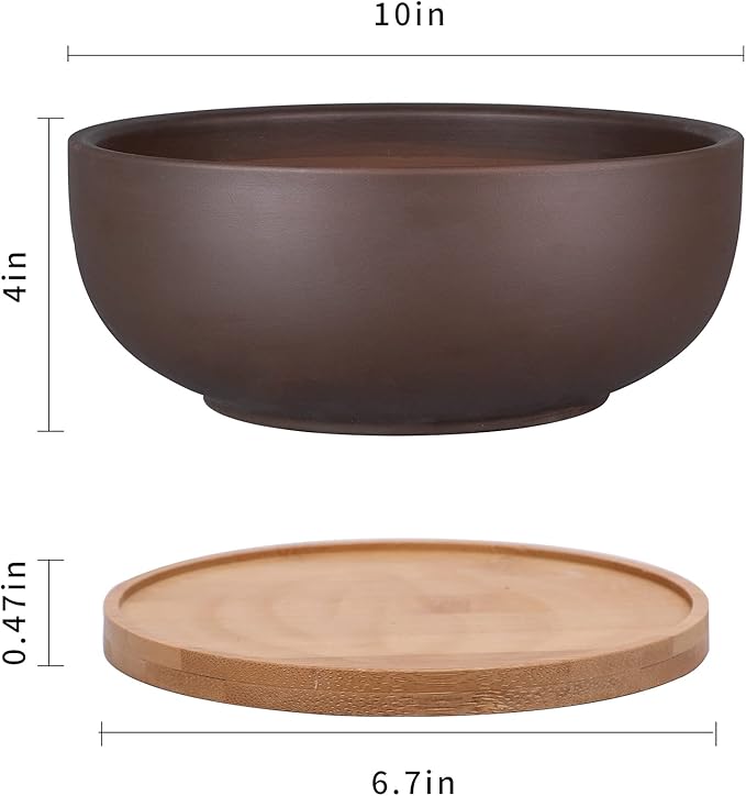 10 Inch Terracotta Planter, Large Succulent Bonsai Planter Pot with Drainage Hole and Bamboo Saucer for Indoor Plants, Brown