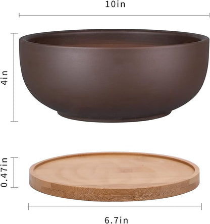 10 Inch Terracotta Planter, Large Succulent Bonsai Planter Pot with Drainage Hole and Bamboo Saucer for Indoor Plants, Brown