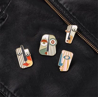 4Pcs Art Mask Enamel Pin Brooch Individual Metal Badge Lapel Pin Abstract Face Mask Pin Set Collar Pin Fashion Jewelry Clothes Bag Accessories