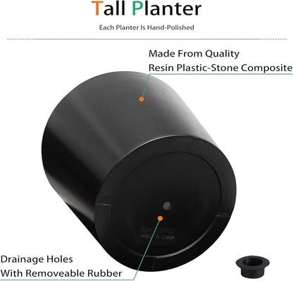 Wide Planters for Outdoor Plants, Extra Large Indoor Flower Pots for Garden, Front Porch, Patio - Round Resin Planter Set of 2 (Black, 16 inch - 2 Pack with Saucers)