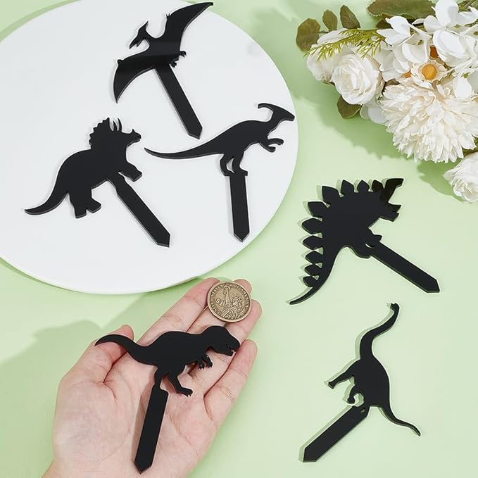 OLYCRAFT 6pcs 6-Style Animals Themed Acrylic Stakes with Paper Coating 3.9~4.3x2.7~4.5 Inch Black Dinosaur Garden Decoration Acrylic Plant Label Signs for Flower Pot Planter House Decors