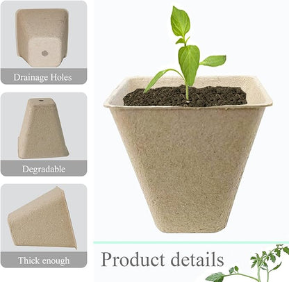 50Pcs Biodegradable Seedling Pots Seed Starter Kit 3.15 Inch Square Peat Pot with Drainage Holes, Plant Labels, Seedling Pickers & Garden Shovels
