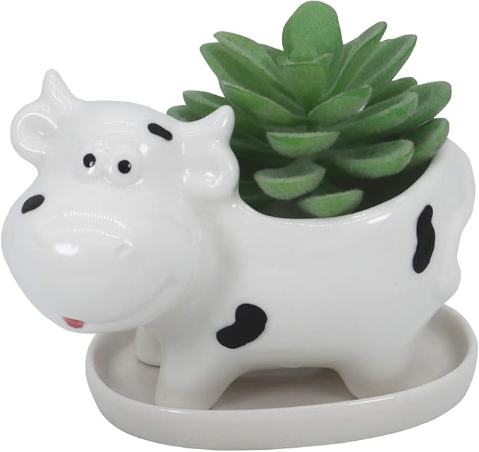 Cute Cow Succulent Planter Pot with Drainage Tray, Small White Ceramic Cactus Flower Container, Animal Shaped Indoor Air Plants Holder