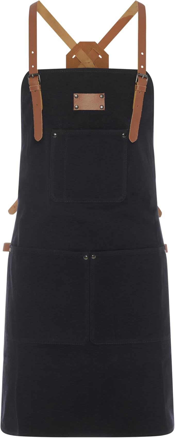 Theodore Waxed Canvas Work Apron - Cross Back with Leather Straps, 14oz Heavy Duty Canvas, Multi-Pocket Utility