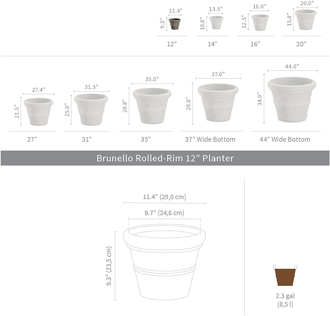 Crescent Garden Brunello Small Classic Black Planter, Indoor/Outdoor Weather-Safe Round Plant Pot, Small Resin Houseplant Pot for Patio, Porch, Garden - 12'' W (Black)