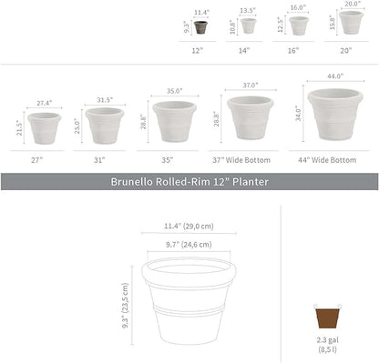 Crescent Garden Brunello Small Classic Black Planter, Indoor/Outdoor Weather-Safe Round Plant Pot, Small Resin Houseplant Pot for Patio, Porch, Garden - 12'' W (Black)