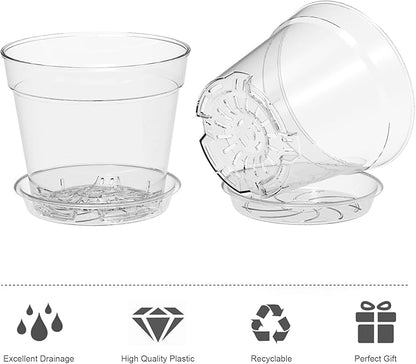 4 Inch Clear Nursery Pots, 8 Pack Highly Transparent Plant Pots for Small Indoor Plants with Drainage Holes and Trays, Plastic Seedling Starter Planters for Flowers