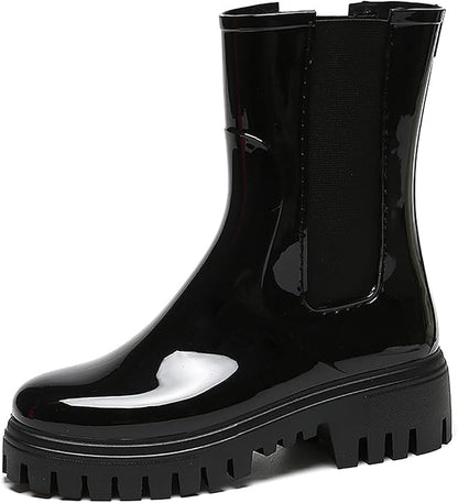 Women'S Waterproof Lug Sole Rain Boots Fashion Elastic Slip On Comfortable Platform Chunky Heel Chelsea Ankle Boots Casual Outdoor Non-Slip Rubber Garden Booties