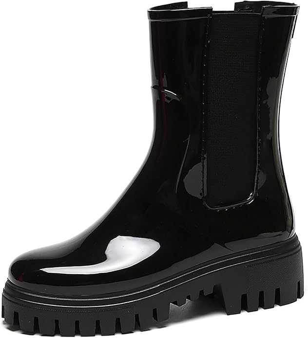 Women'S Waterproof Lug Sole Rain Boots Fashion Elastic Slip On Comfortable Platform Chunky Heel Chelsea Ankle Boots Casual Outdoor Non-Slip Rubber Garden Booties