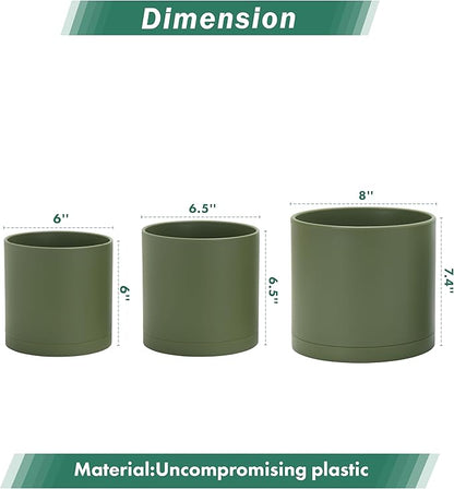 D'vine Dev 6 Inch 6.5 Inch 8 Inch, Set of 3 Plastic Planter Pots for Plants with Drainage Hole and Seamless Saucers, Olive, Medium, 74-V-I-3