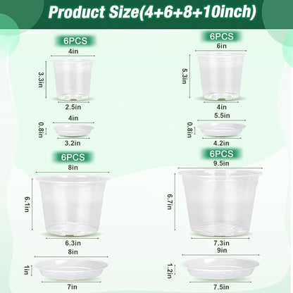 Clear Nursery Pots with Drainage and Saucers, 24 Pack 4/6/8/10 Inch Clear Pots for Plants, Plastic Plant Pots for Indoor Outdoor Flower Seed Starting Pots (4/6/8/10 Inch×6pcs)