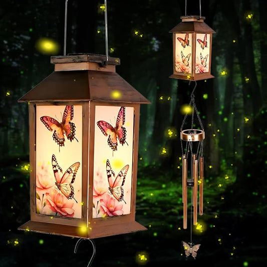 Butterfly Outddor Lantern House Wind Chime-Waterproof Hanging Solar Lanterns for Outdoor Patio, Porch, and Garden Decorfor Nature Lovers,Shaped Wind Chimewith Lantern Design