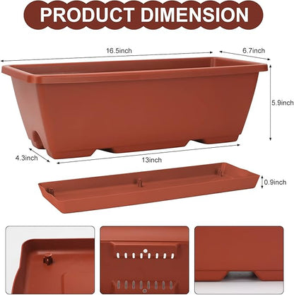Window Box Planter, 6 Packs 17 Inches Rectangle Planters Box with Drainage Holes and Trays, Vegetable Planters for Windowsill Patio Garden Home Decor Porch Yard Red