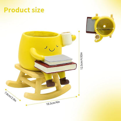 Smily Face Rocking Chair Planter -Cute Resin Book Coffee Succulents Plant Pots with Drainage Hole for Indoor Outdoor Garden, Gift IdeaI for Mother Appreciation Christmas (Yellow)