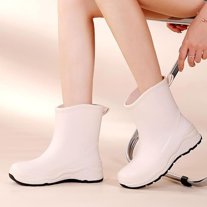 Women'S Chunky Platform Rain Ankle Boot Fashion Comfort Round Toe Waterproof Anti-Slip Thick Sole Pull On Garden Chelsea Rain Boots for Outdoor Work Booties