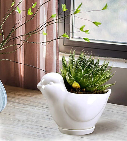 GeLive White Bird Ceramic Succulent Planter Animal Plant Pot Flower Vase Bonsai Windowsill Box with Drainage Saucer Adorable Indoor Home Decoration