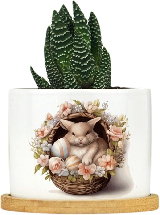 Watercolor Easter Basket Bunny Ceramic Flower Pots,Gardening Plant Pot with Drainage Holes And Saucers Round Ceramic Pots for Indoor Plants Succulent Herbs Cactus Pots for Dad Papa Grandpa