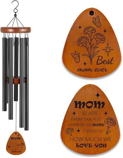 Memorial Wind Chimes for Outdoor, Mother Theme Metal Windchime with Carnation & Butterfly Design, Sympathy Gift, Garden Patio Decor