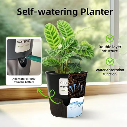 Flower and Plant Pot, Self Watering Plastic Plants Planter with Drainage Holes and Saucers, Modern Outdoor Indoor Decorative Flower Pot for Plants, Flowers, Herbs, Succulents (Grey, 7.5 inch)