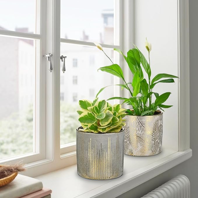 Small Ceramic Pot for Indoor Plants, 5.3 inch Plant Pot with Drainage Hole Decorative Texture Gold Planter Indoor Outdoor Flower Pots for Succulent Snake Plant Pothos Orchid