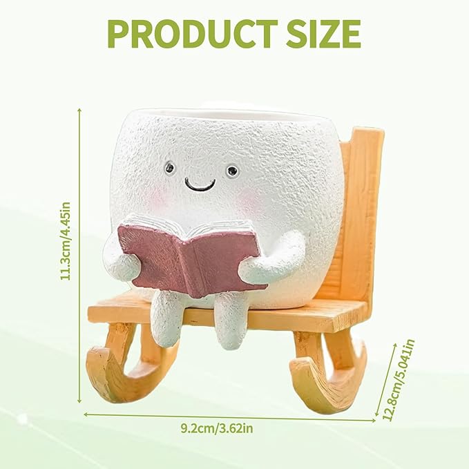 Adorable Smiley Face Reading Flower Pot, Unique Rocking Chair-Style Resin Plant Pot with Drainage Holes, Suitable for Indoor/Outdoor Planting and Home Decor (A)