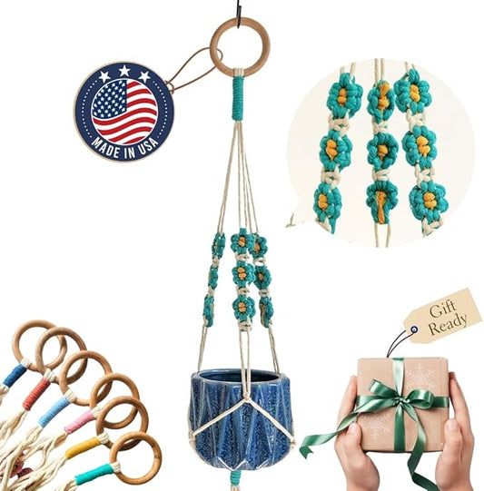 Macrame plant hanger with Daisies | Hanging plant holder | Macrame Plant hangers outdoor and indoor hanging planters Plant stand indoor Boho Decor hanging planter stand / plant shelf (Ocean Teal)