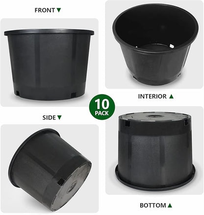 10-Pack 3.9 Gallon Round Planter Nursery Pots, Flower Plant Container Injection Molded Plastic Nursery Pots Gardening Pots for Indoor Outdoor Vegetables, Succulents, Black