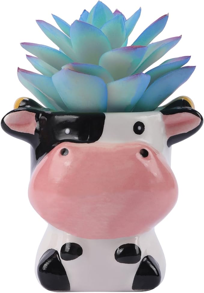 VanEnjoy Ceramic Cute Animal Flower Pot 3 Inch Small Cow Print Planter for Cactus Succulents Unique Cartoon Shaped Mini Plant Holder with Drainage Hole Mesh