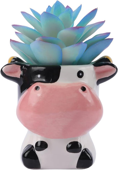 VanEnjoy Ceramic Cute Animal Flower Pot 3 Inch Small Cow Print Planter for Cactus Succulents Unique Cartoon Shaped Mini Plant Holder with Drainage Hole Mesh
