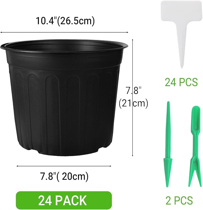 24 Pack 3 Gallon Nursery Pots, Thickened Soft Black Plastic Plant Pots with 24Pcs Waterproof Plastic T-Type Plant Tags and 2Pcs/Set Transplanting Digging Mini Tools