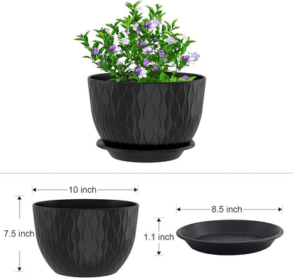 10 inch Large Plant Pots, Flower Pots with Multi-Mesh Drainage Holes and Saucer, Plastic Planters for Indoor and Outdoor Garden Plants (Black, 10")