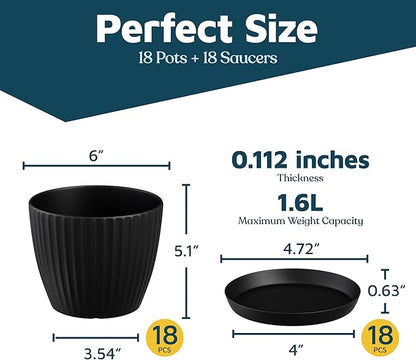 Black 6-Inch Plant Pots with Drainage & Saucers 18 Pack, Indoor & Outdoor Planters for Houseplants, Herbs, and Flowers, Durable & Weatherproof Material, Stackable, Lightweight, Minimalist Design