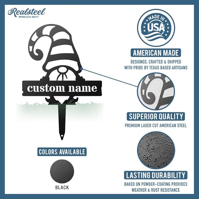RealSteel Custom Gnome Plant Markers – Large Metal Garden Stakes for Herbs, Fruits & Vegetables | Weatherproof Seed & Plant Labels for Outdoor Gardens, Greenhouse & Farmhouse Décor | Type 1
