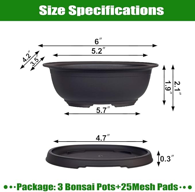 MUZHI 3 Pack Oval Bonsai Training Pot with Drainage Tray, Matte Finish Nursery Plastic Bonsai Planter with 25PCS 2inch Mesh pad (5.2" Small)