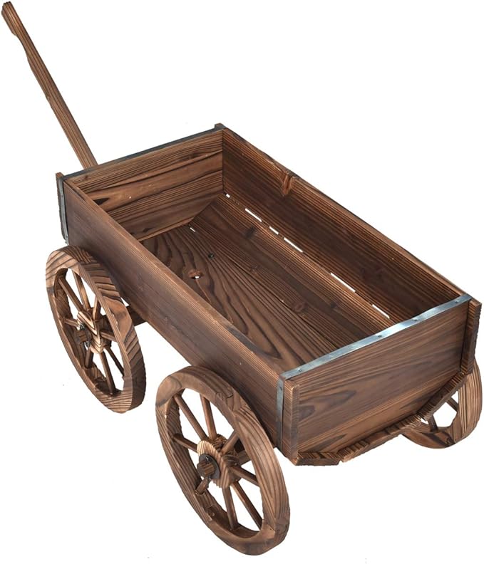 Giantex Wood Wagon Flower Planter Pot Stand W/Wheels Home Garden Outdoor Decor