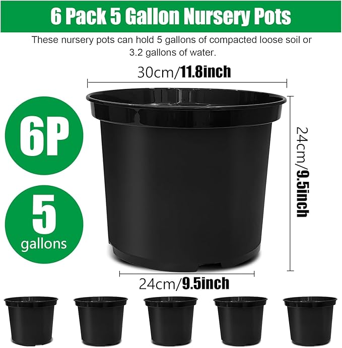 BTPLASTIK 5 Gallon Nursery Pots 6-Pack, 12 Inch Thickened Plant Pots with Drainage Holes, Plastic Round Flower Pots for Outdoor Indoor Plants