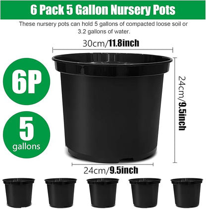 BTPLASTIK 5 Gallon Nursery Pots 6-Pack, 12 Inch Thickened Plant Pots with Drainage Holes, Plastic Round Flower Pots for Outdoor Indoor Plants