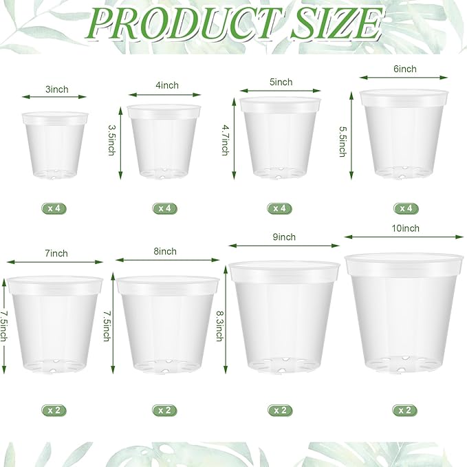 Vesici 24 Pcs 3/4/5/6/7/8/9/10 Inch Large Size Clear Nursery Pots Variety Pack Plant Pots with Drainage Holes Planters for Indoor Plants Flexible Transparent Plastic Plant Bottle Succulents