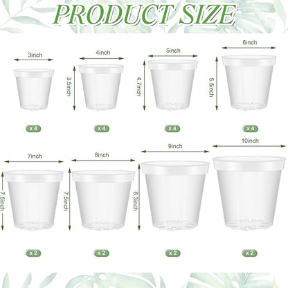 Vesici 24 Pcs 3/4/5/6/7/8/9/10 Inch Large Size Clear Nursery Pots Variety Pack Plant Pots with Drainage Holes Planters for Indoor Plants Flexible Transparent Plastic Plant Bottle Succulents